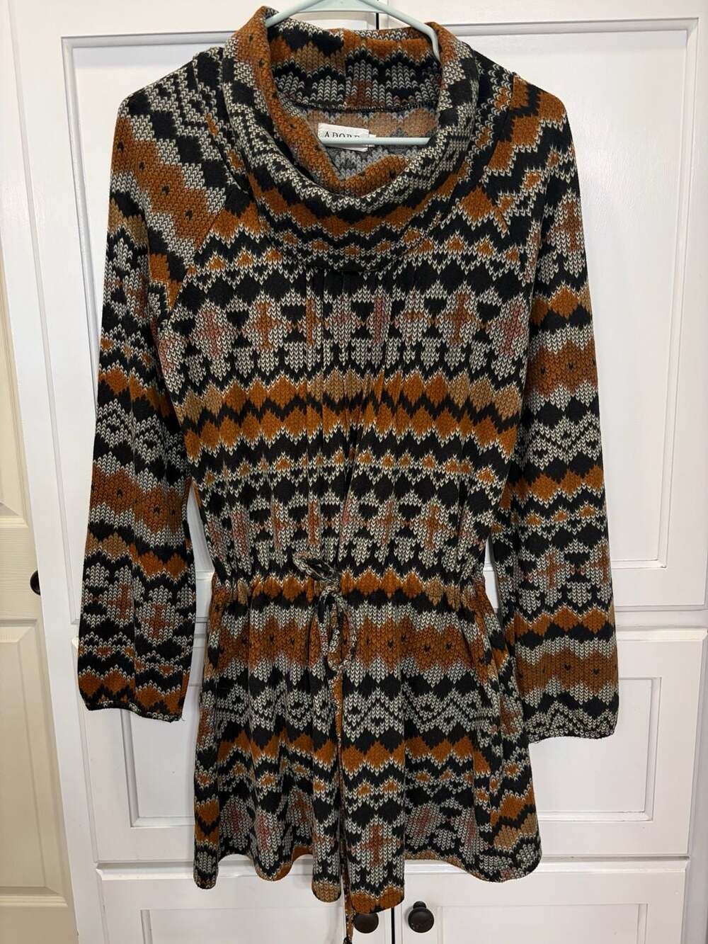 ADORE Women's Fall Cowl Neck Chevron Print Knit Mini Dress with Drawstring Waist